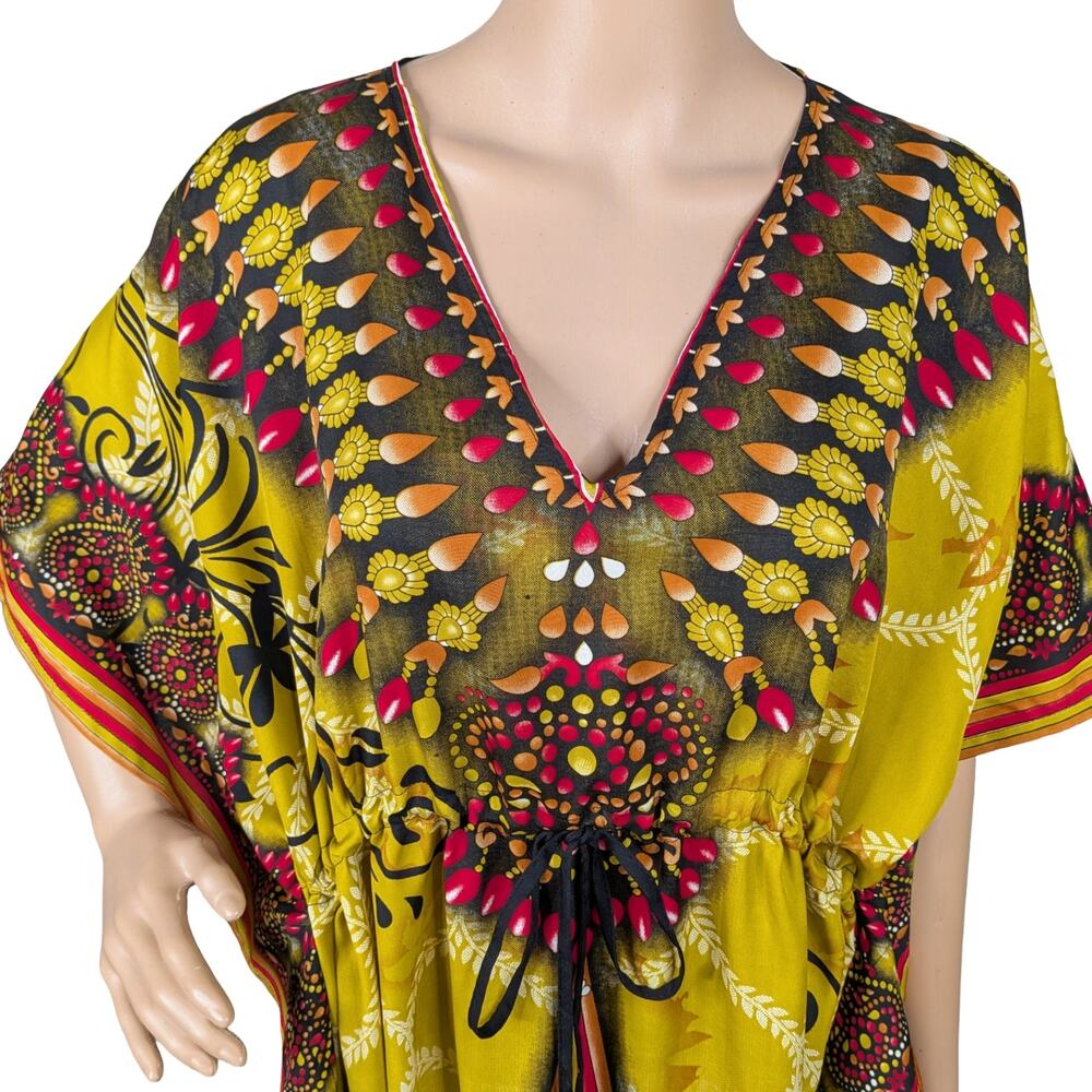 Jovie Butterfly Maxi Kaftan Dress OSFM Sunset Pink Yellow Drawstring Waist EUC - Picture 3 of 9